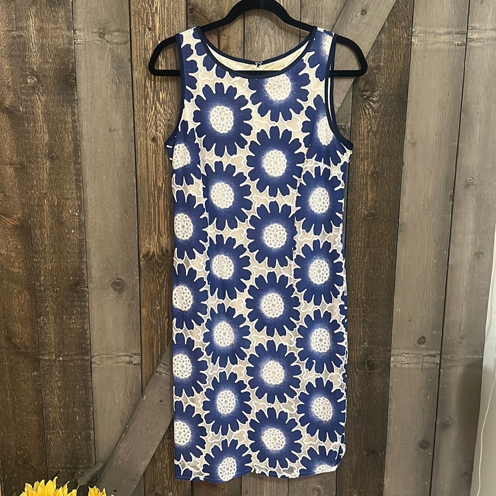 Mascara London Blue & White Sleeveless Lace Eyelet Midi Dress